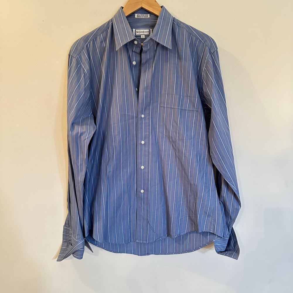 Yves Saint Laurent Blue Button Up Shirt sz 15.5 (34-35) Stripe Shirt - Picture 2 of 10